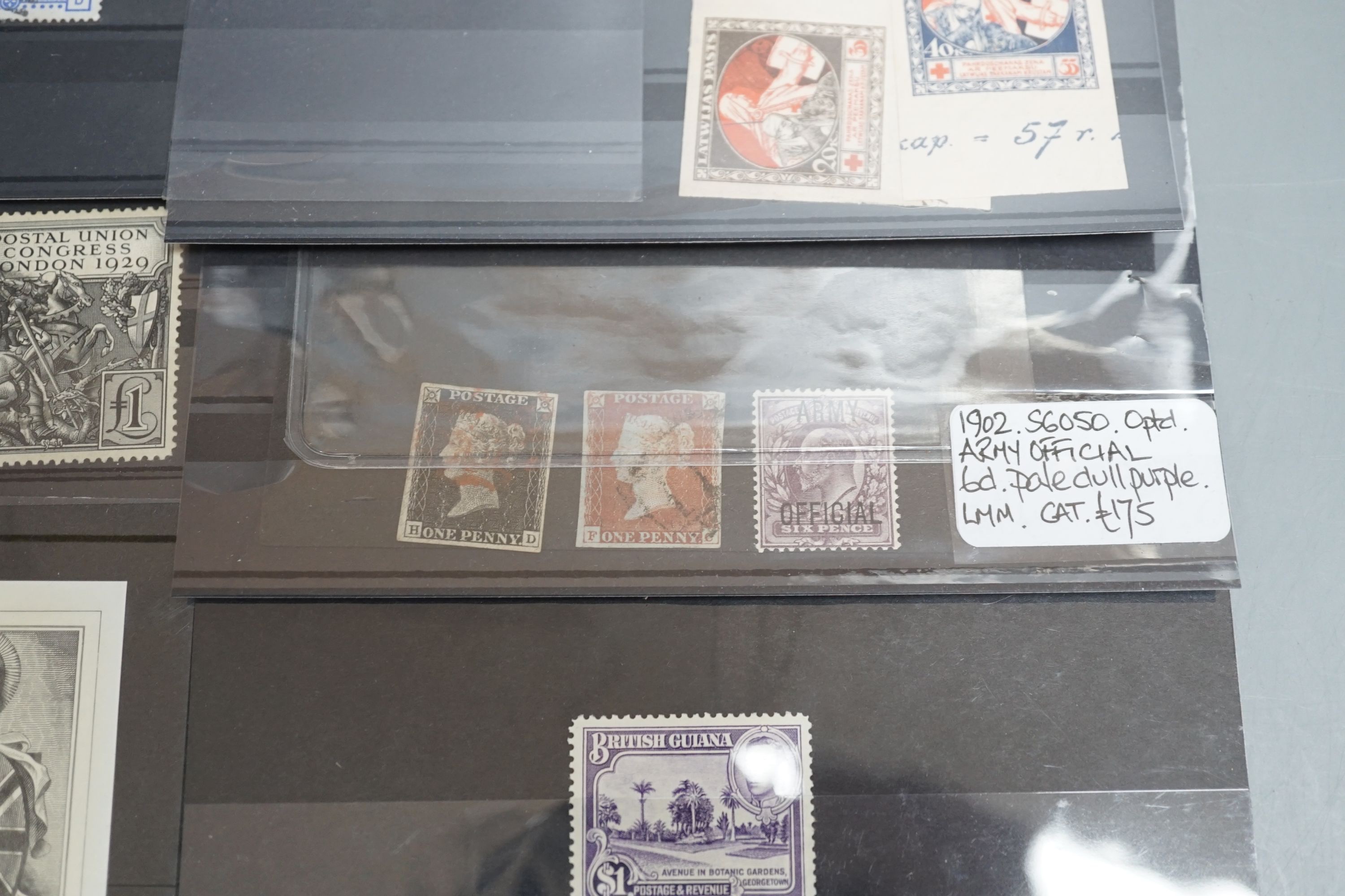 A small group of stamps - GB 1840 1d black used, 1885 2sh.6d. 10sh. used, 1929 Puc £1 mint and £1 used and various